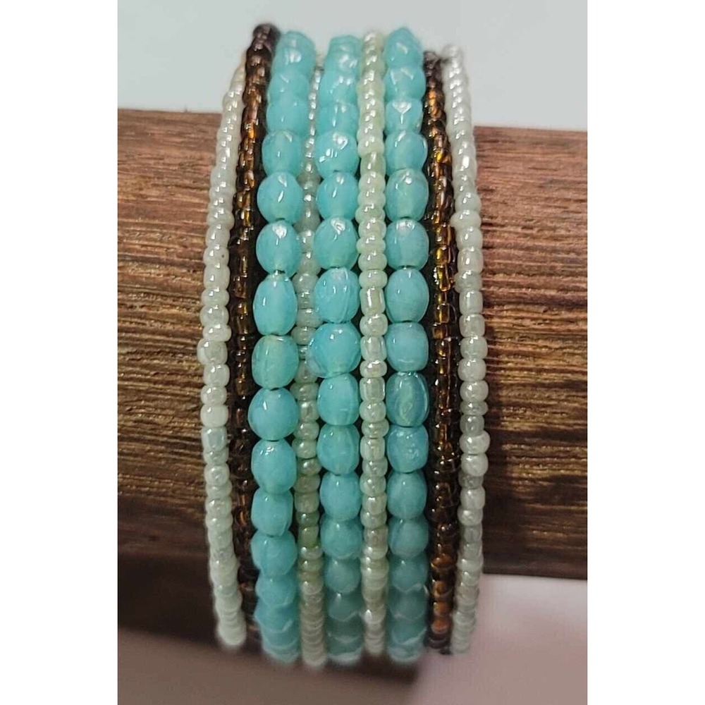 Seed Bead  Cuff Bracelet Memory Wire Blue White & Bronze Colored Boho Hippie